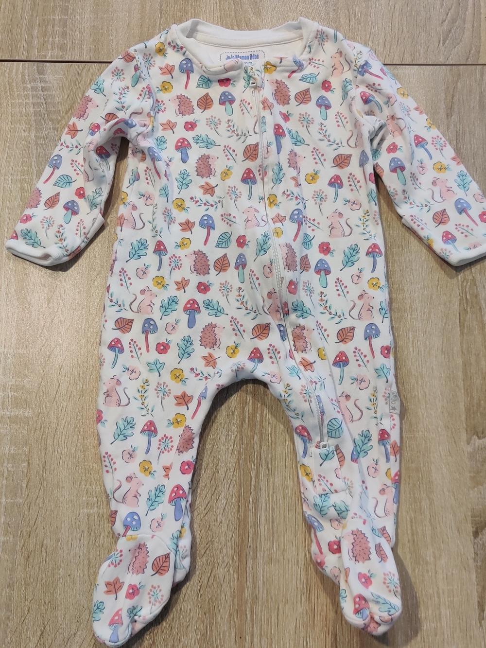 White Floral & Mushroom Baby One-Piece Footed Sleeper Size 3-6mo
